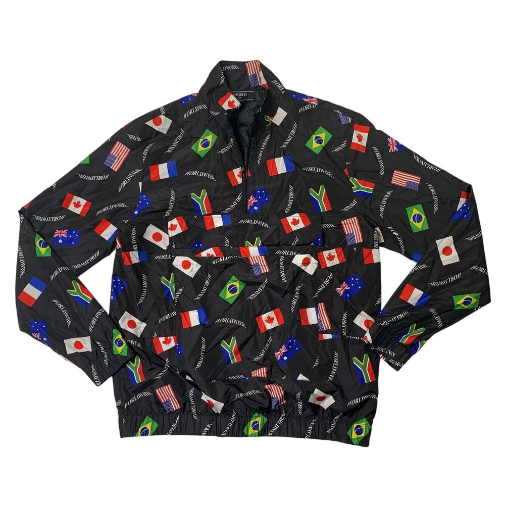 Forever 21 Jacket Mens M Medium Black Worldwide Flag Country Windbreaker Anorak